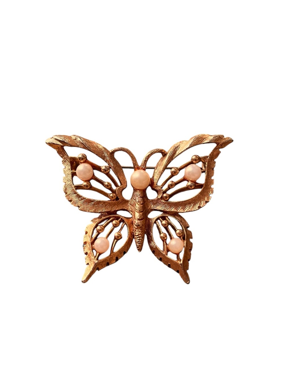 Vintage Butterfly Brooch Faux Pearls Gold Tone Open Metal